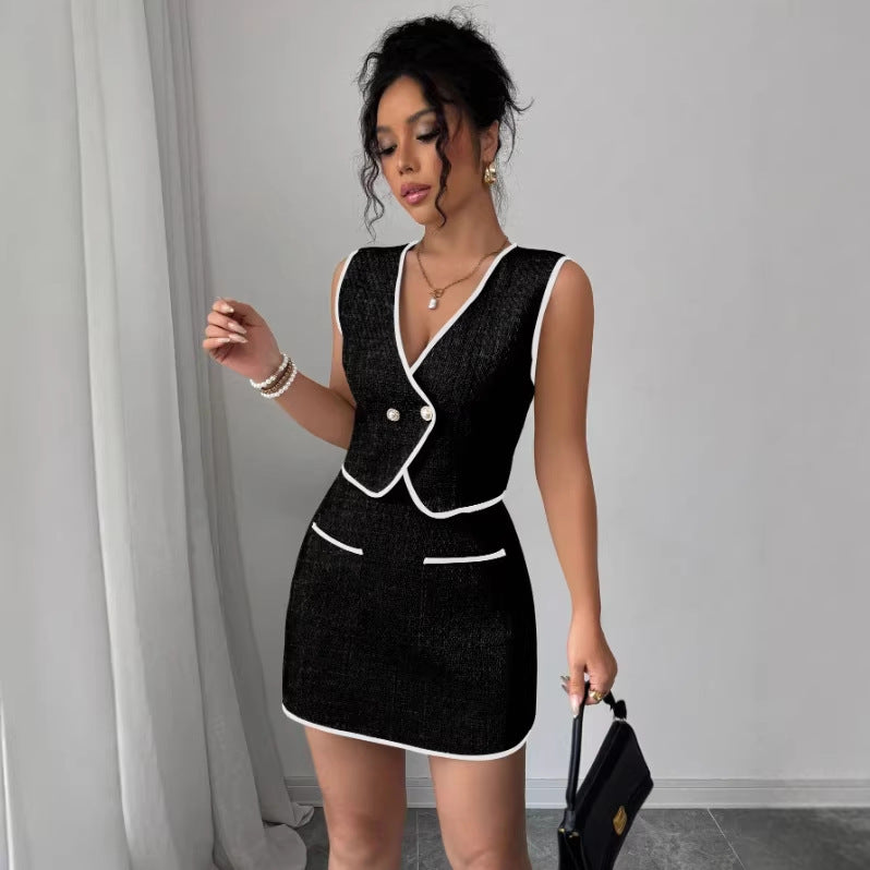 Two-Piece Tweed Vest and Mini Skirt Set with Contrast Trim - Image 4