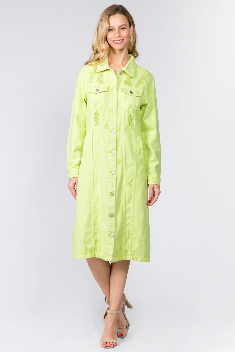 Lime Green Distressed Denim Shirt Dress for Women