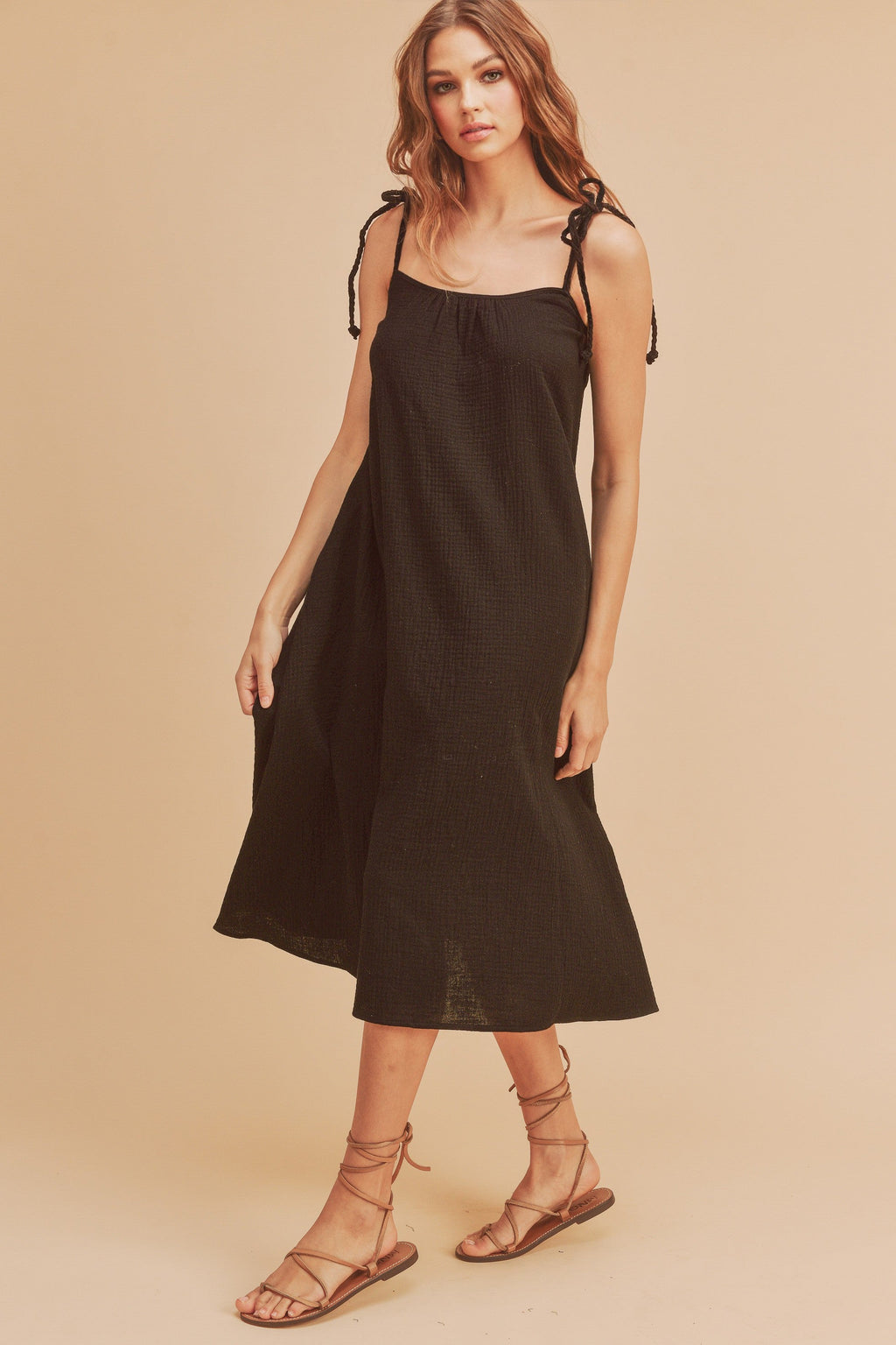 Summer Midi Cami Dress with Braided Straps and Pockets