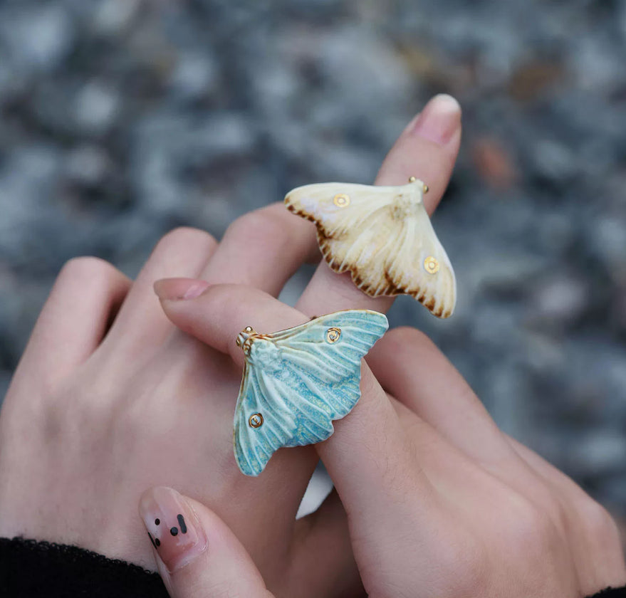 Yellow And Blue Moth Designed Versatile Everyday Artistic Ceramic Ring