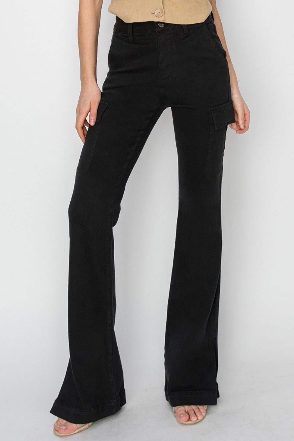 RISEN High Rise Side Slit Cargo Bootcut Jeans Black