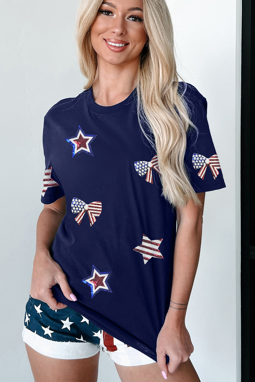 Blue Sequin USA Flag Bow Star Graphic Crewneck T-Shirt
