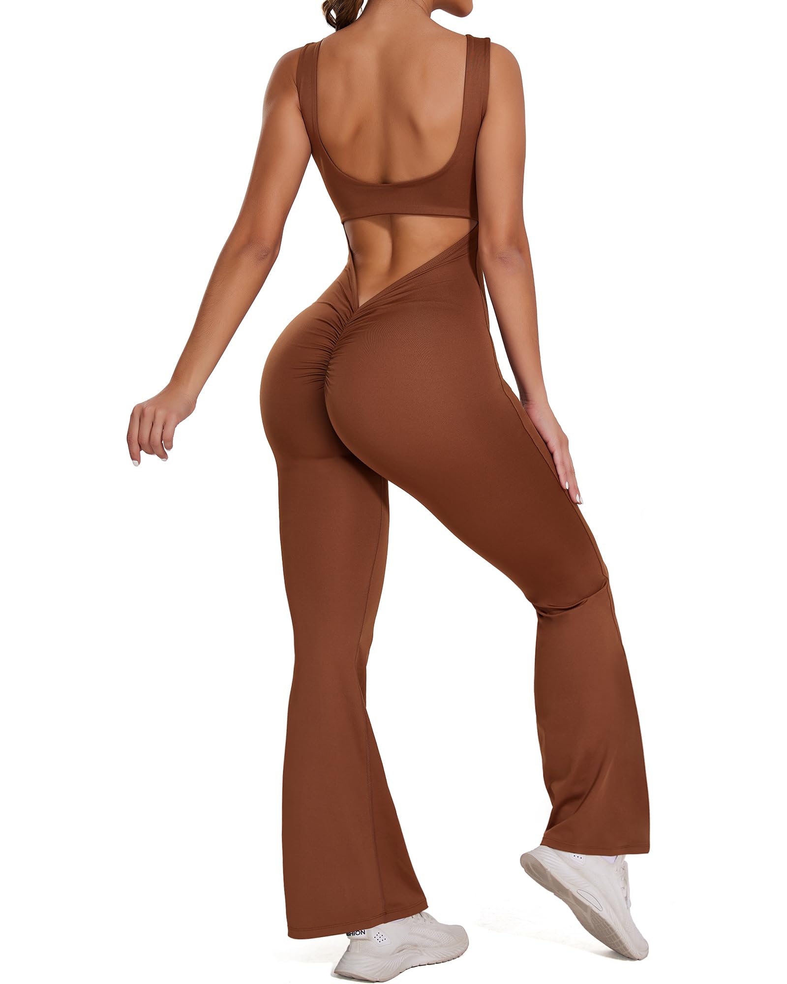 FITTOO Flare Jumpsuits for Women One Piece Backless Sleeveless V Back Scrunch Butt Yoga Workout Bodycon Romper Playsuit Khaki