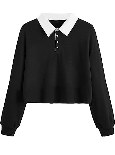Black crop sweatshirt with a white polo collar and three-button placket viewed from the front and back.