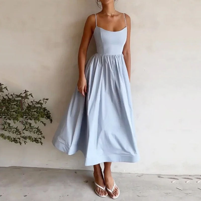 Women's Solid Color Sweet Suspender Midi Dress Summer Casual - Image 2