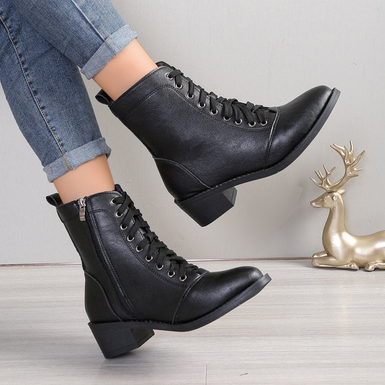Women's British Style Black High-Top Zipper Fashion Boots