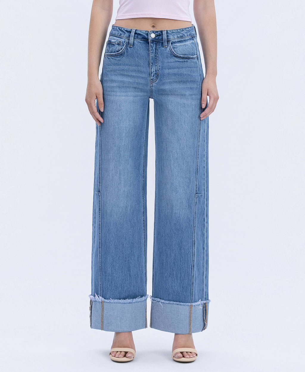 Mia high rise wide leg jeans in medium wash denim with a 4-inch cuffed hem