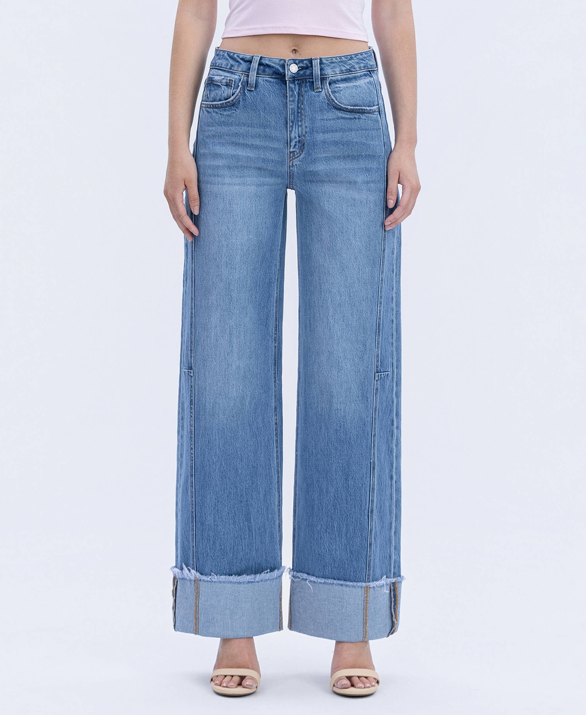 Mia high rise wide leg jeans in medium wash denim with a 4-inch cuffed hem