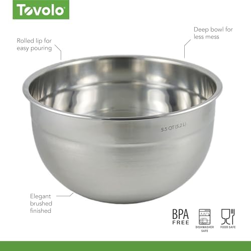 Tovolo Large Stainless Steel Mixing Bowl 5.5 Quart Metal Mixing Bowl