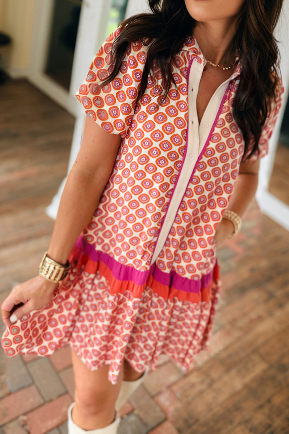 Women's Floral Colorblock Ruffle Hem Dress