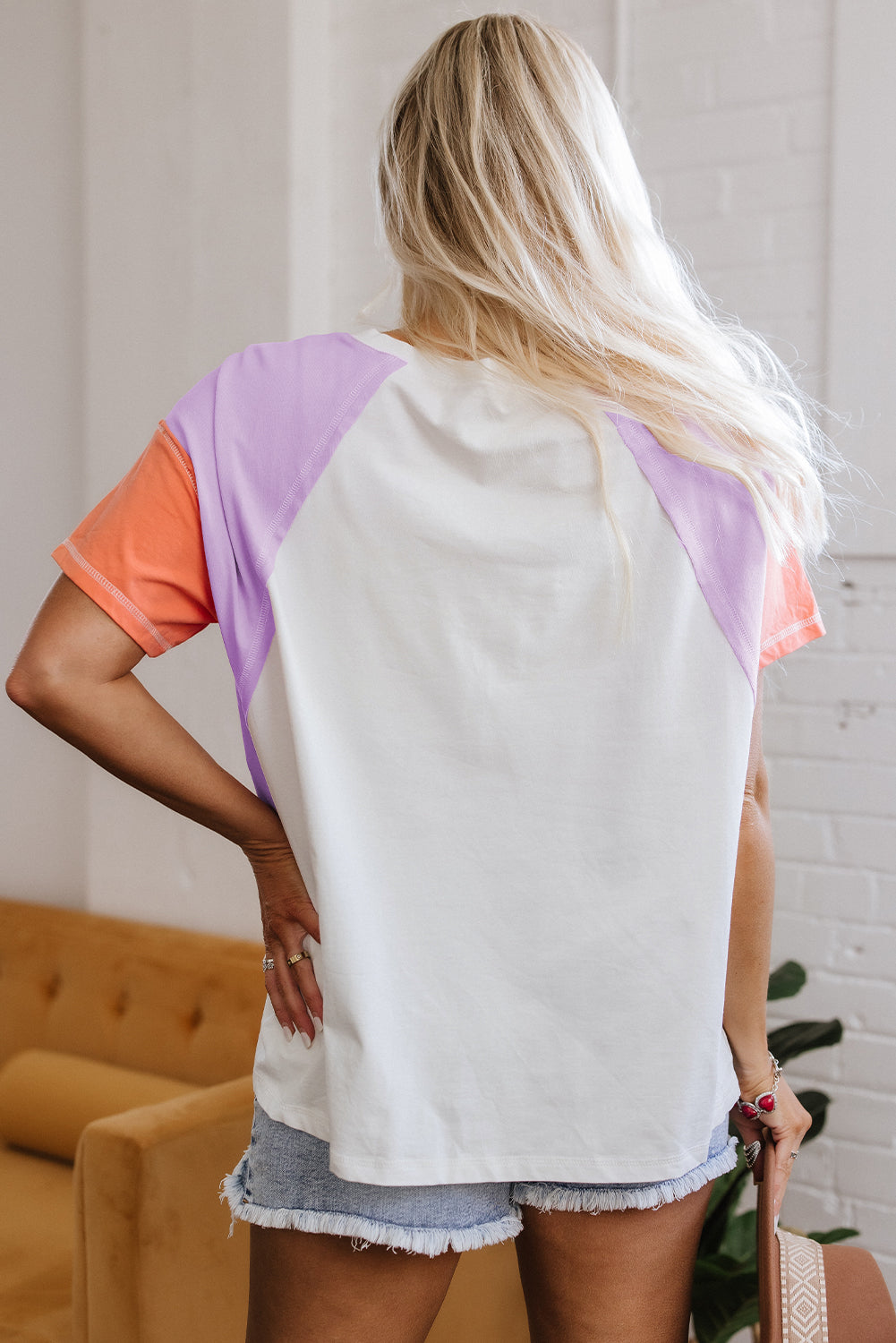 Beige Colorblock Patchwork V-Neck High-Low T-Shirt