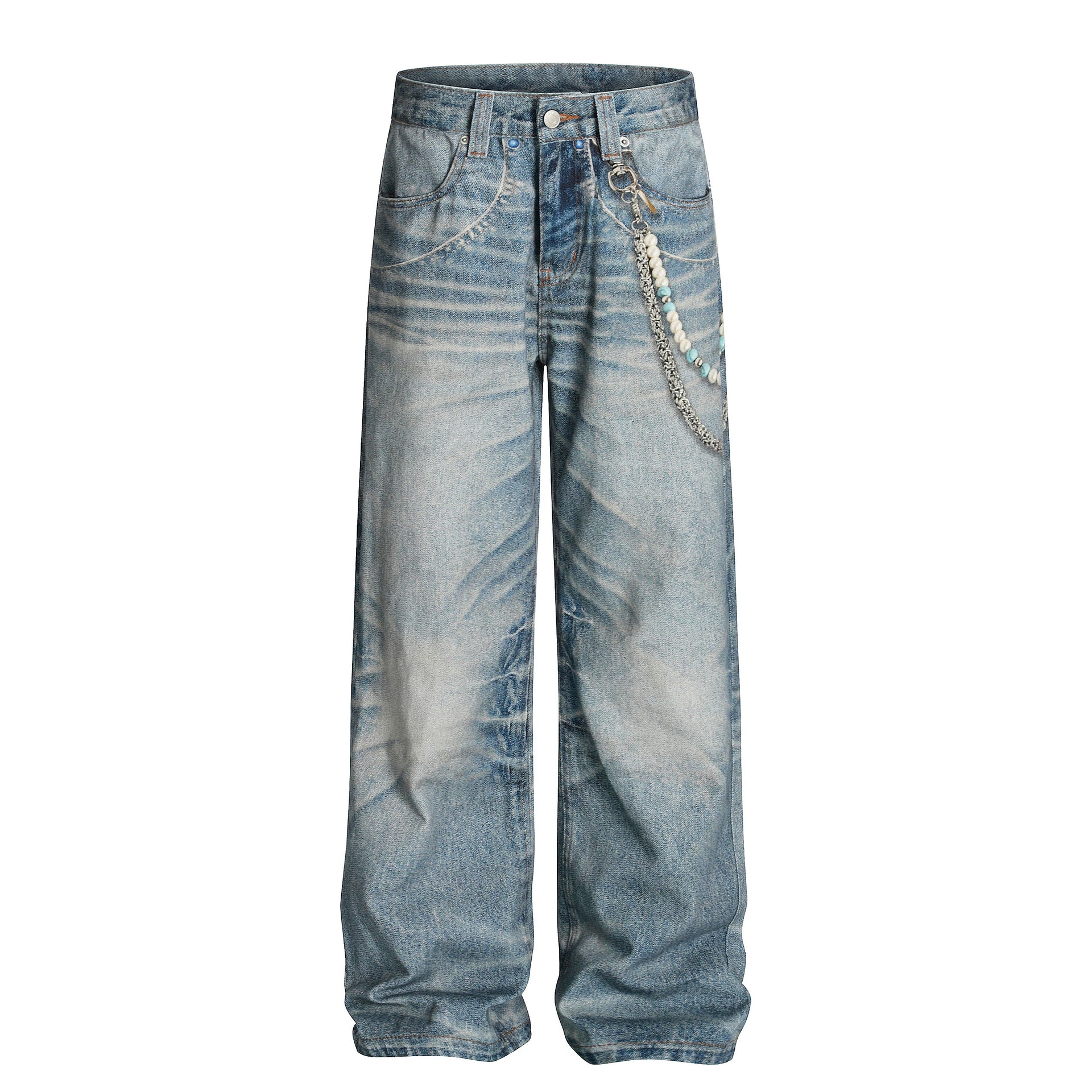 Front view of Wideboy relaxed fit jeans featuring an all-over graphic print, sandblast wash, and a hanging decorative beaded chain.