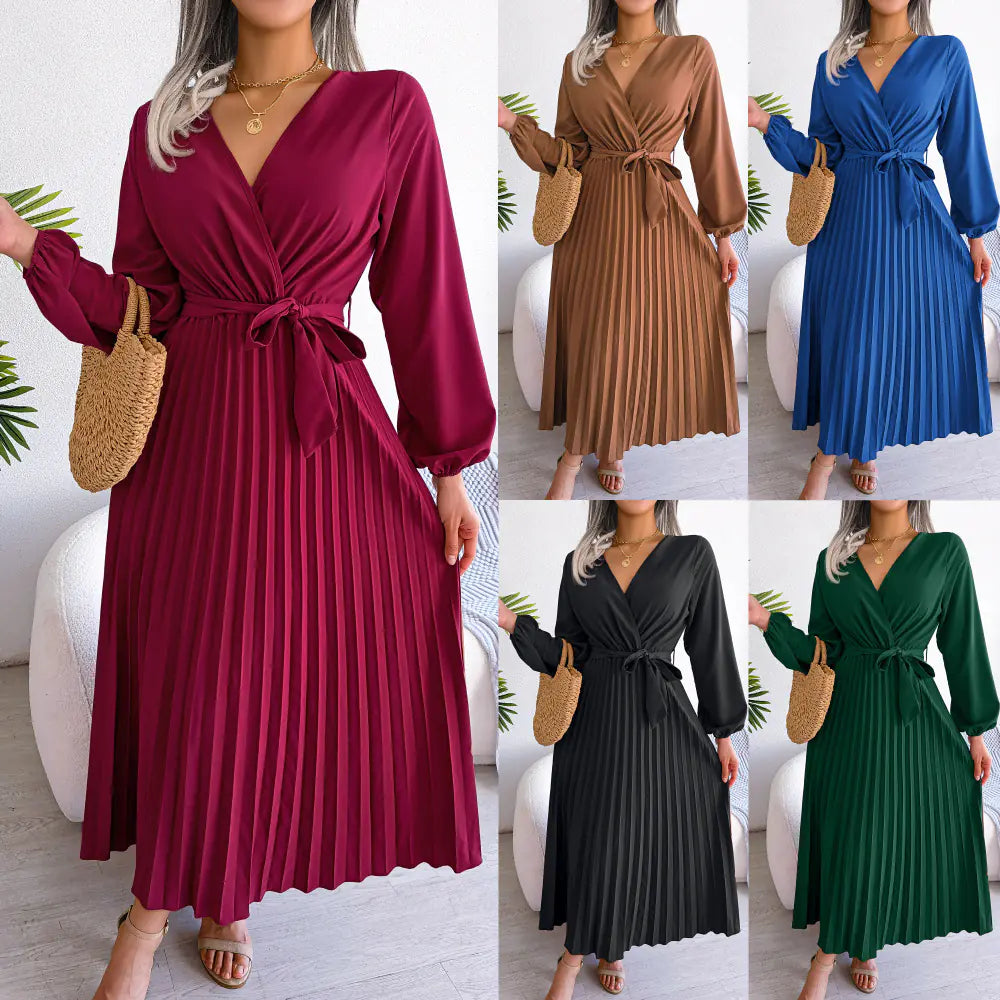 Women's V-Neck Long Sleeve Pleated Maxi Dress with Tie Waist - Image 9