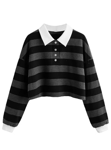 Women's Black Collared Half Button Polo Crop Sweatshirt - Image 25