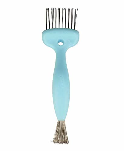 Light blue 2-in-1 hair brush cleaner tool on a clean, minimalist surface.