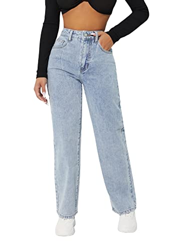 Mom Jeans - MakeMeChic Womens Straight Leg Jeans Casual High Waisted Denim Pants