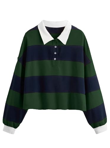 Women's Black Collared Half Button Polo Crop Sweatshirt - Image 13