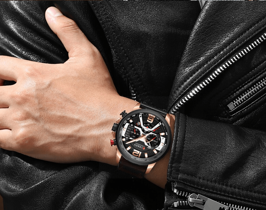 Men's Waterproof Sports Chronograph Watch with Leather Strap