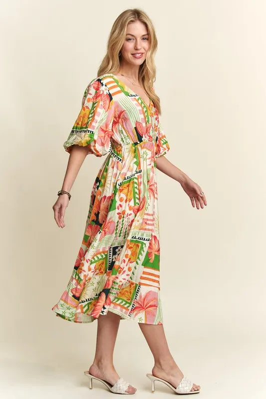 Floral V-Neck Puff Sleeve Midi Dress - Cream, Orange, Green, Pink