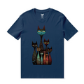 Navy blue crew neck t-shirt featuring a whimsical cat family portrait graphic