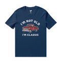 Navy blue crew neck graphic t-shirt with classic vintage-inspired print