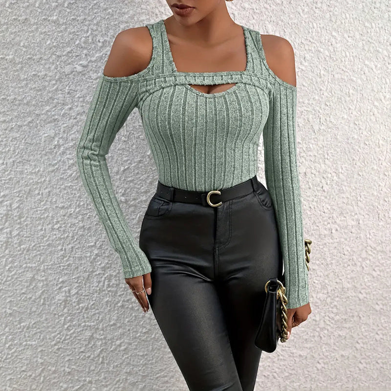 Women's Ribbed Long Sleeve Cold Shoulder Cut-Out Fitted Top - Image 9