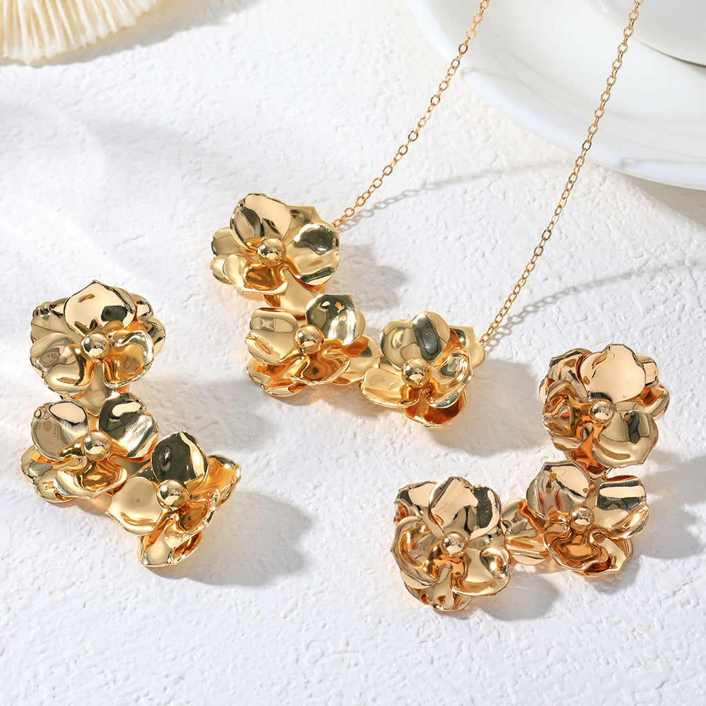 Golden Flower Necklace And Earrings For Women