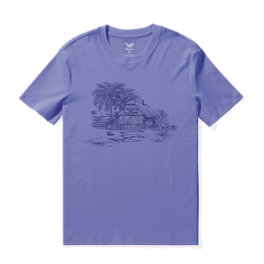 Men's soft cotton crew neck tee in navy and purple featuring a coastal and tropical vibe