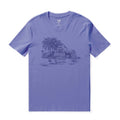 Men's soft cotton crew neck tee in navy and purple featuring a coastal and tropical vibe
