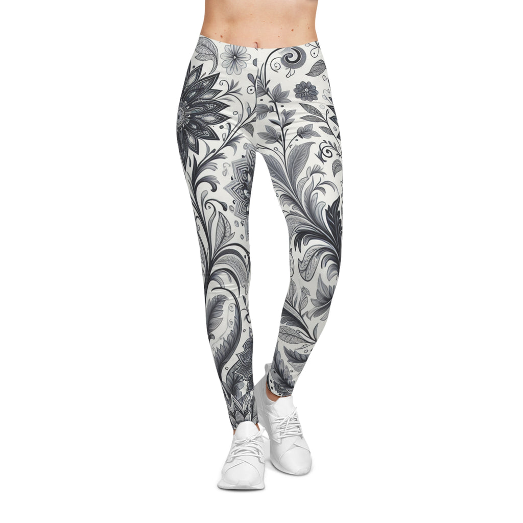 Women's High-Rise Floral Leggings, Black and White Athletic Pants