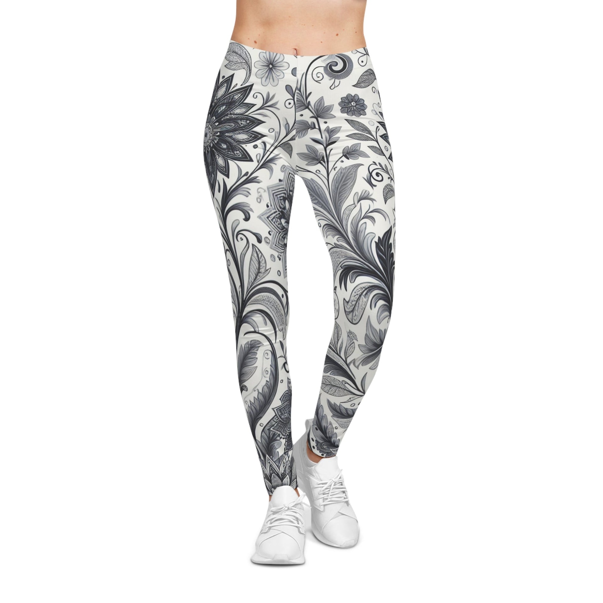 Women's High-Rise Floral Leggings, Black and White Athletic Pants