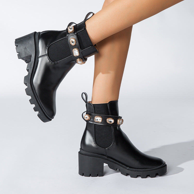 Stylish Women's Chunky Rhinestone Ankle Boots with Elastic Sides - Image 3