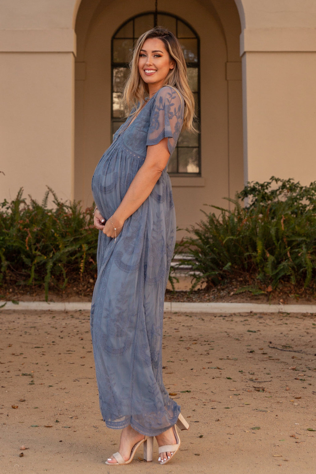 PinkBlush Blue Lace Mesh Overlay Maternity Maxi Dress