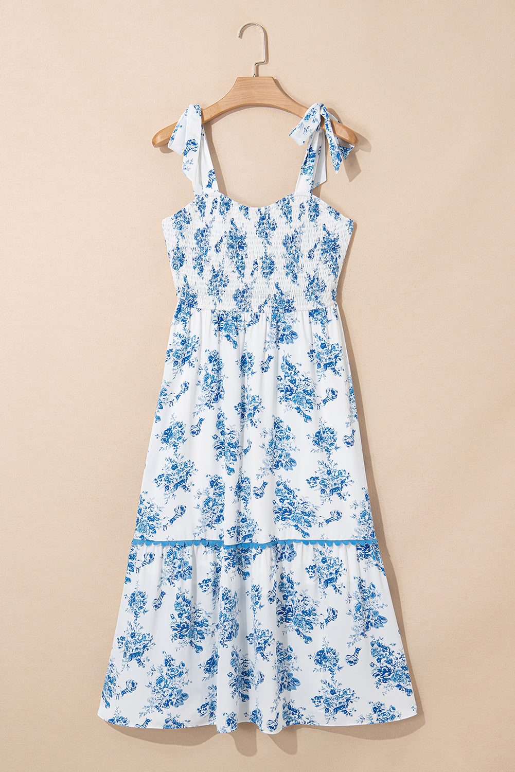 Sky Blue Floral Shirred Knot Shoulder Sleeveless Dress
