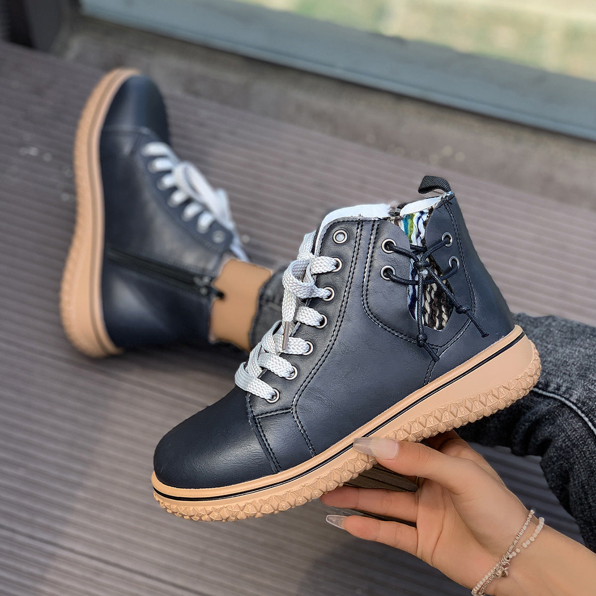 Women’s Flat Heel Lace-Up Martin Boots with Side Zipper - Image 3