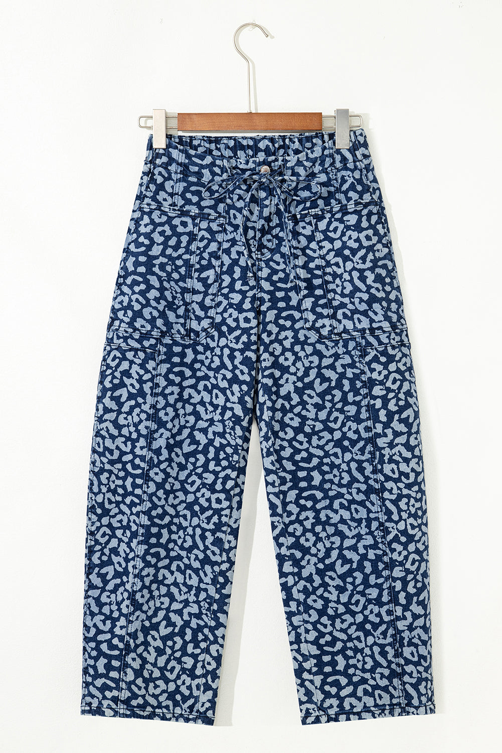 Leopard Drawstring Elastic Waist Pocketed Jeans