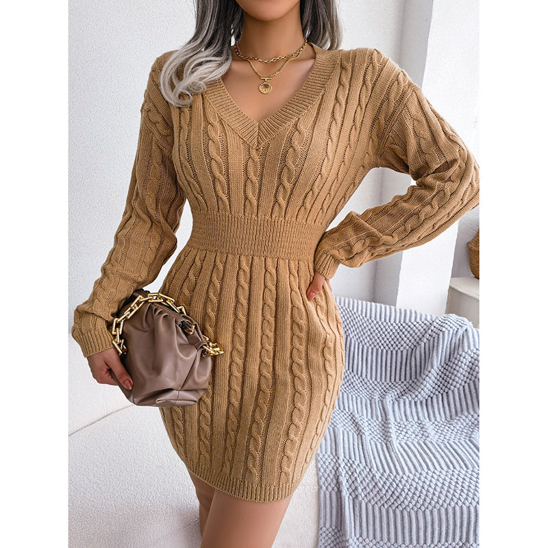 Women’s V-Neck Cable Knit Long Sleeve Bodycon Sweater Dress - Image 6