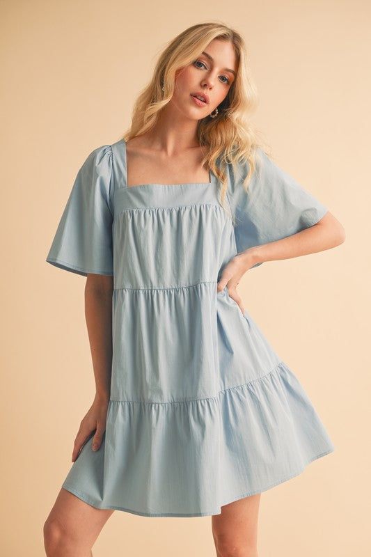 Light Blue Cotton Square Neck Tiered Summer Midi Dress