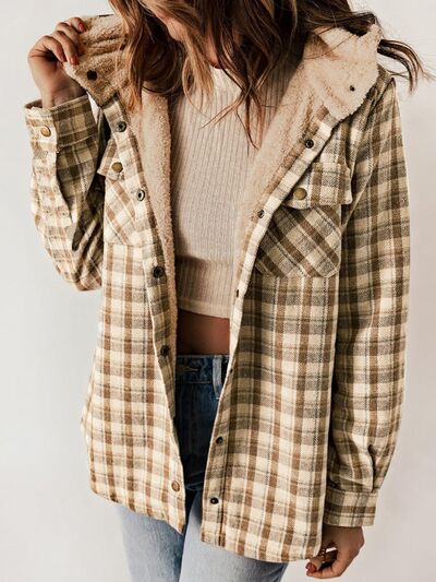 Plush Plaid Snap Down Hooded Jacket Cozy Warm Casual Outerwear
