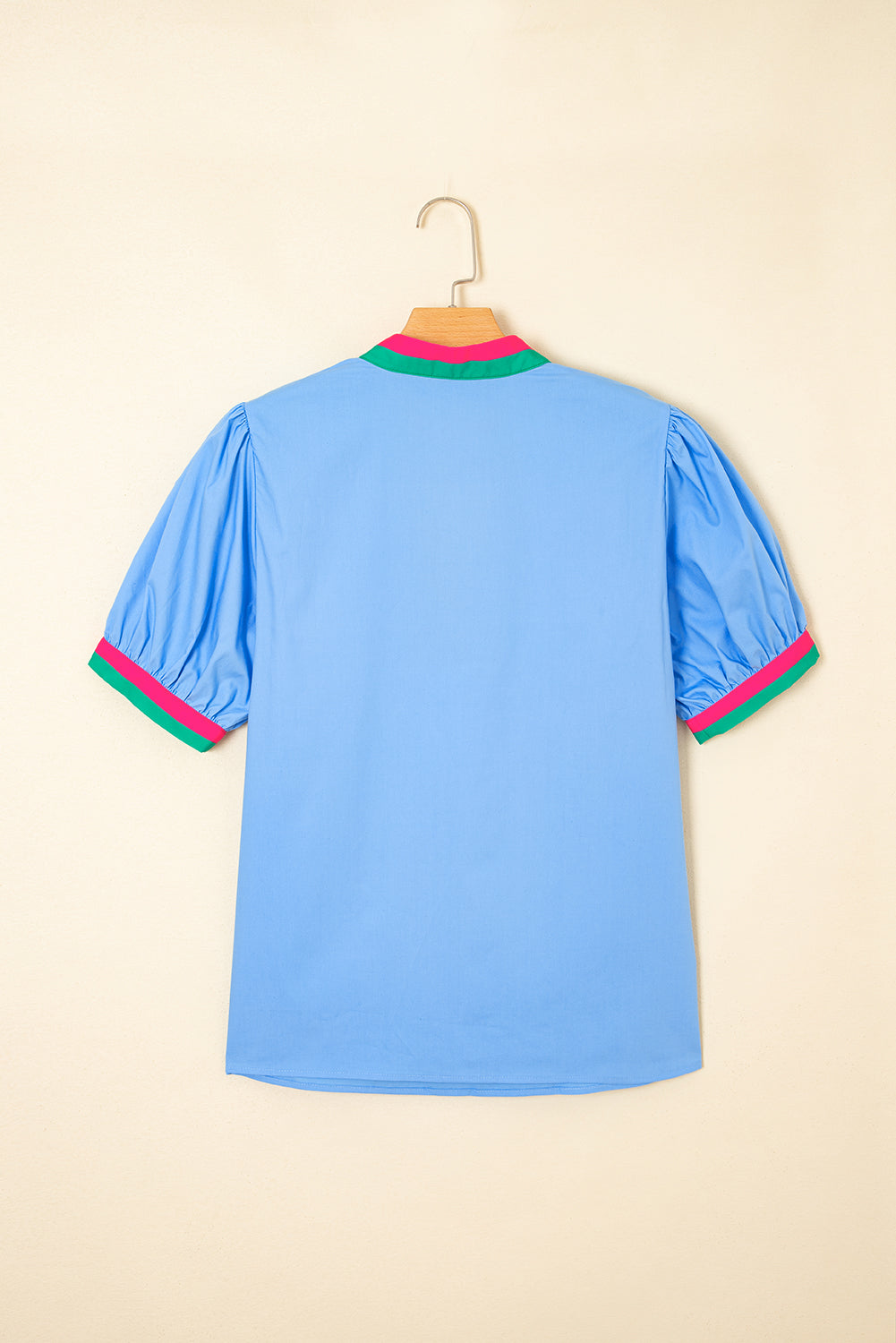 Contrast Stripe V-Neck Collision Short Puff Blouse