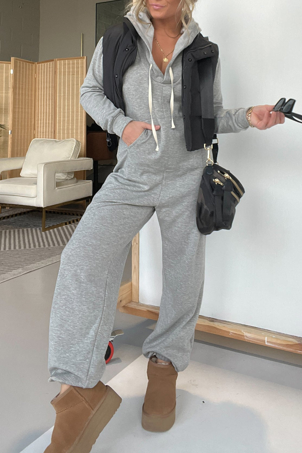 Women's Grey Long Sleeve Hooded Jumpsuit with Drawstring Waist - Image 3
