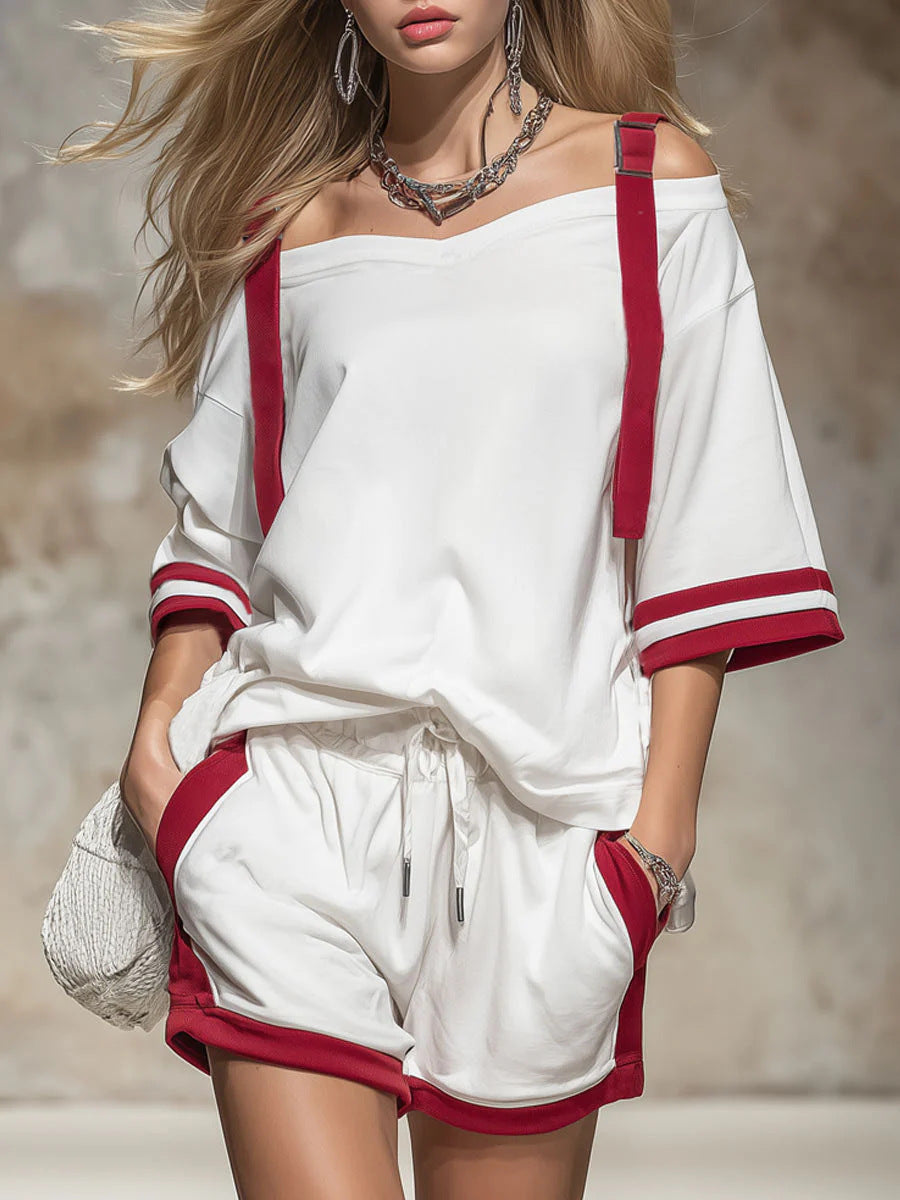 Women's Contrast Color-Block Shorts Set Two-Piece Casual Outfit