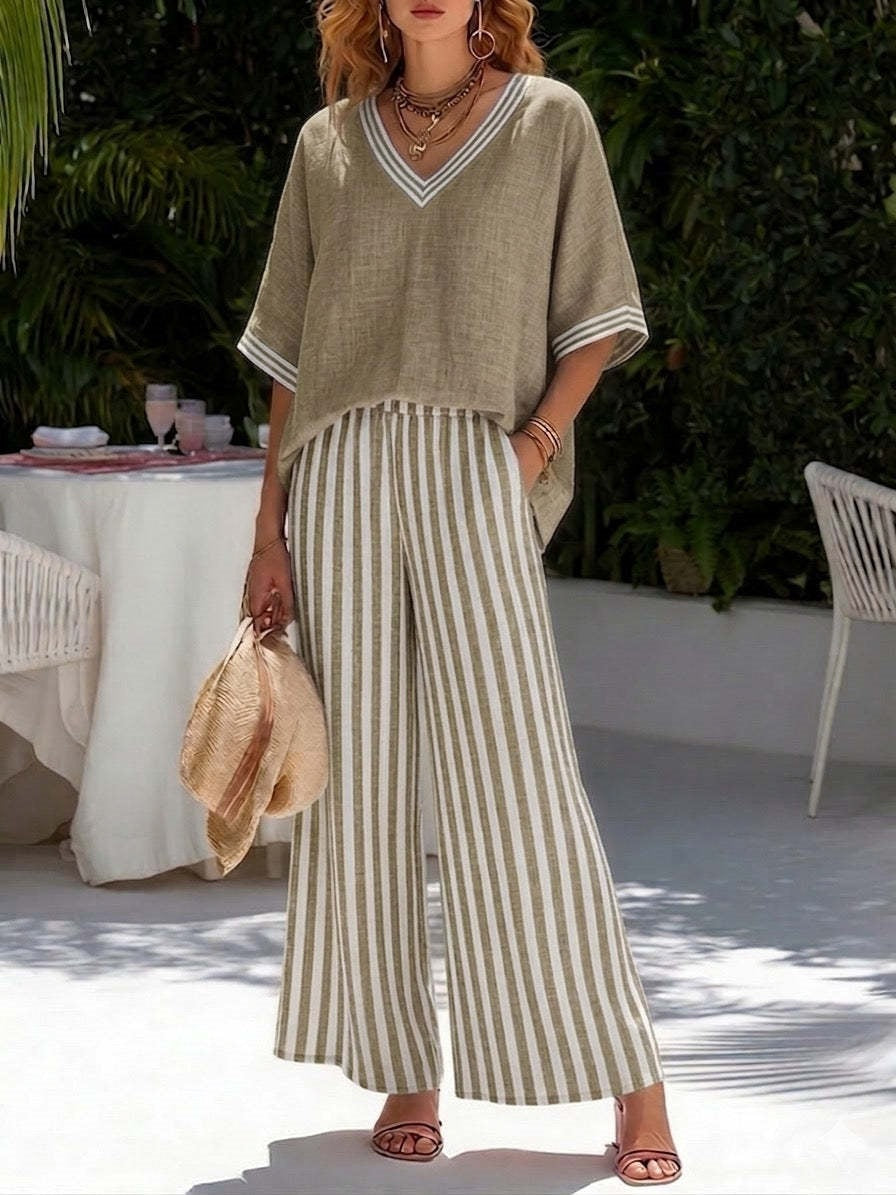 Women V-Neck Tunic Top and Wide Leg Striped Trouser Set - Image 8