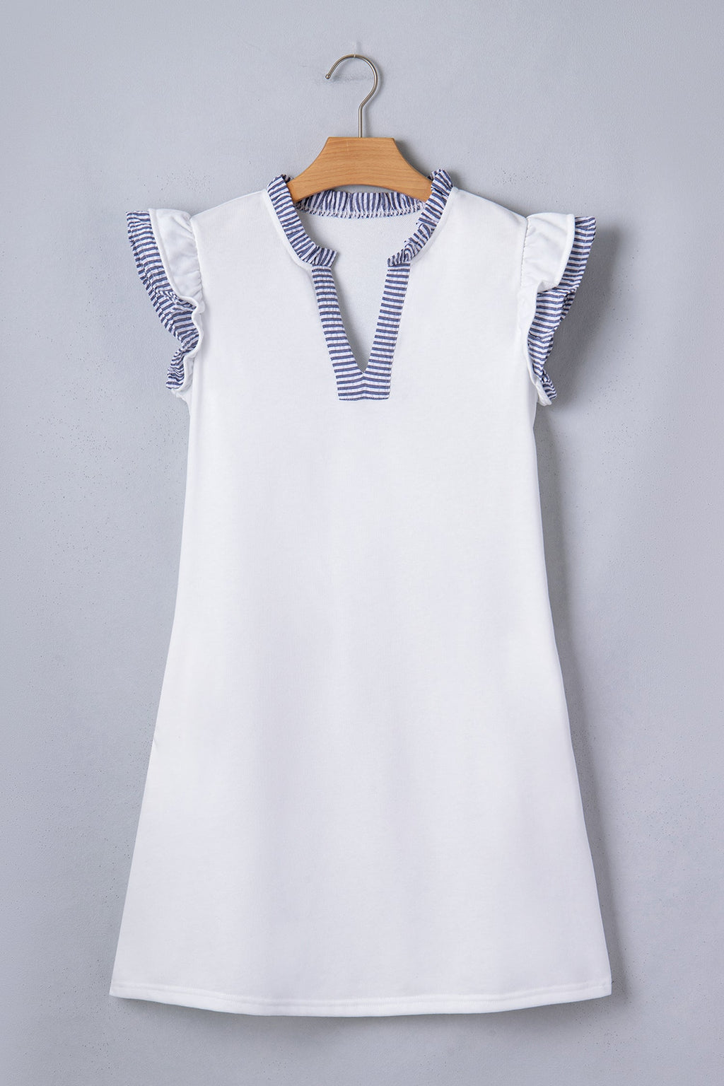 Aleena Ruffle Trim Sleeveless Stripe Mini Dress in White and Blue