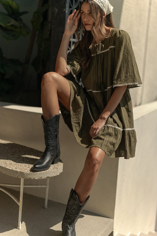 Bohemian Tassel Trim Tiered Midi Dress with Tie Neck