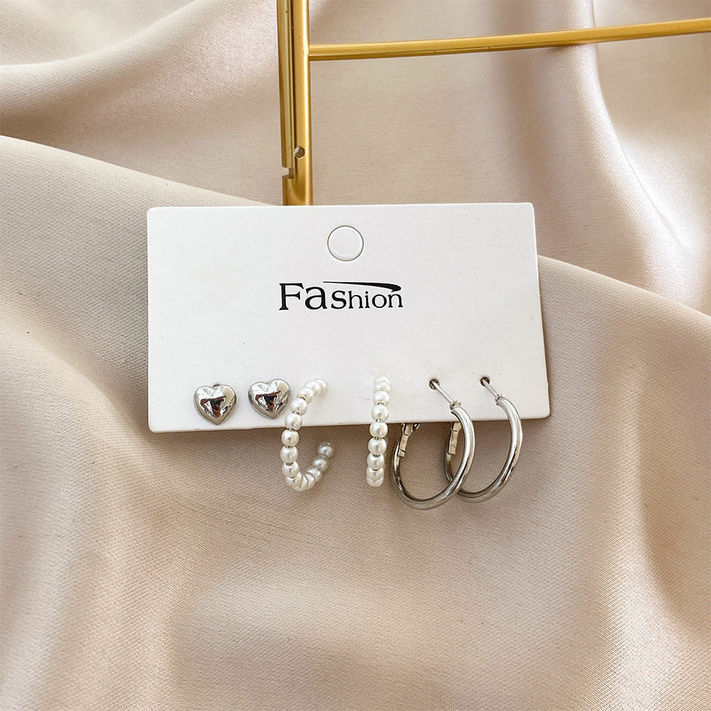 European And American Cross-Border Simple Alloy Silver 3-Pair Earrings