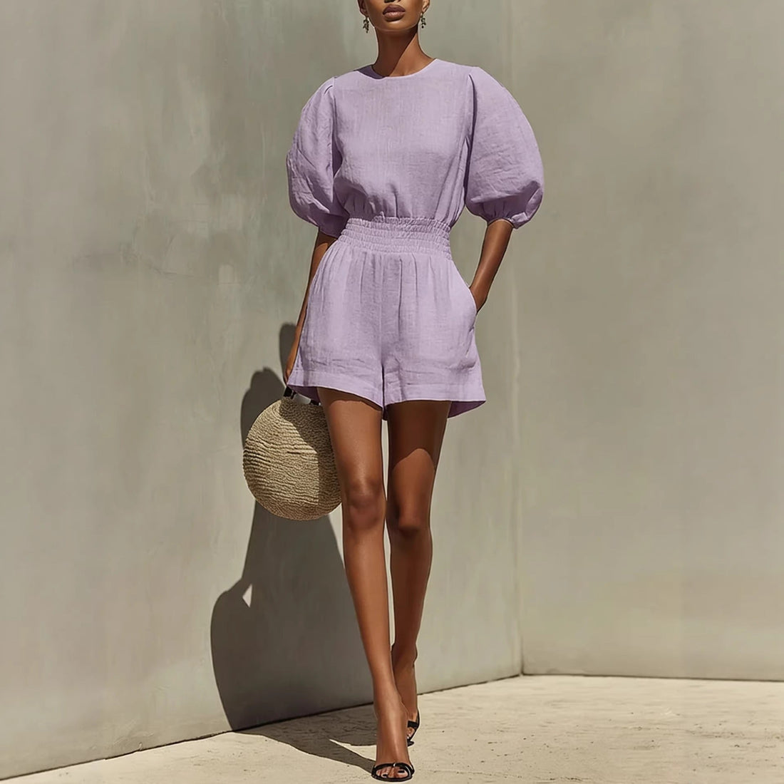 Women's Puff-Sleeve Top and Cropped Shorts Set - Image 9