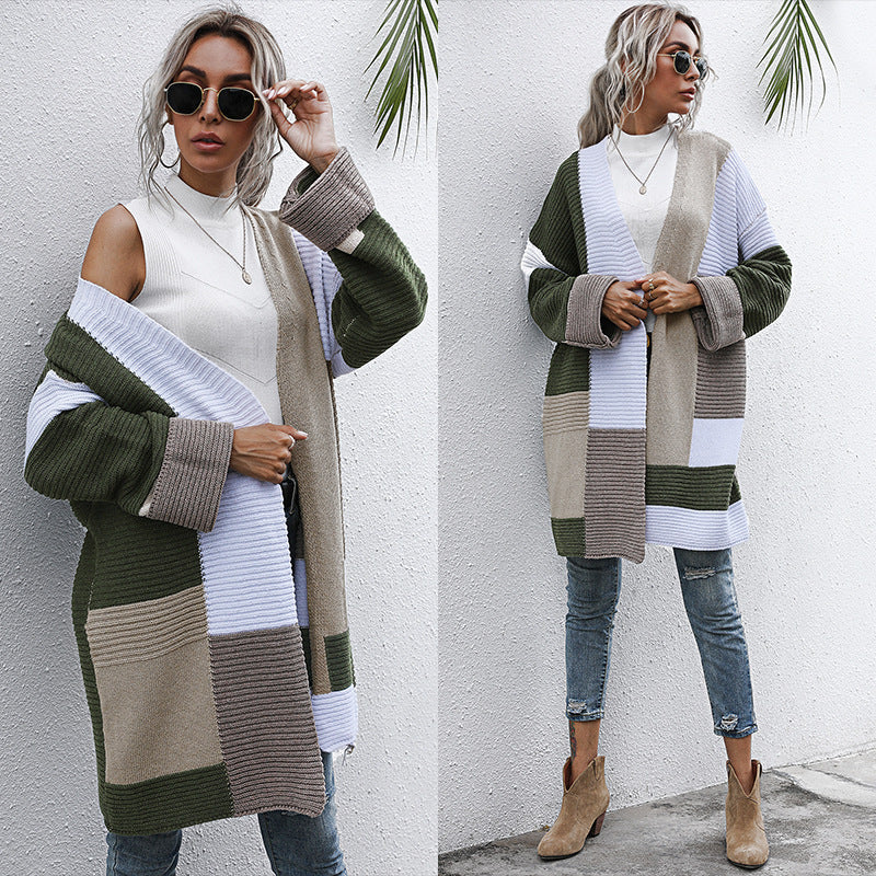 Army Green Oversized Color Block Knit Cardigan