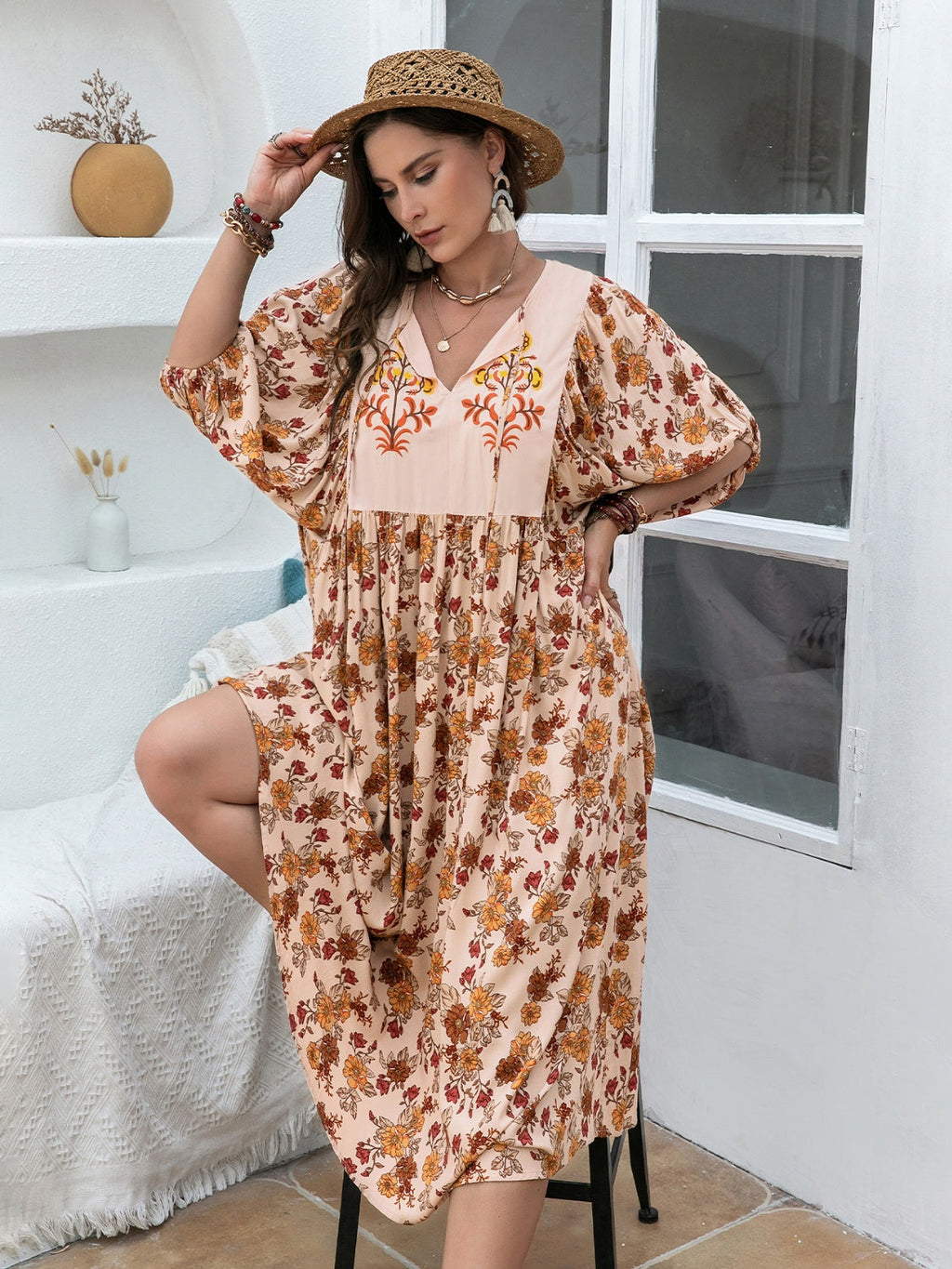 Back-to-School Plus Size Printed Tie-Neck Midi Dress