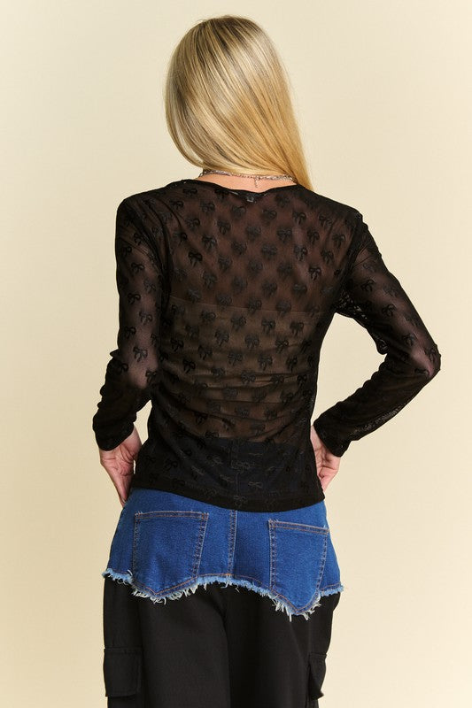 Davi & Dani Bow Mesh Long Sleeve Top - Black